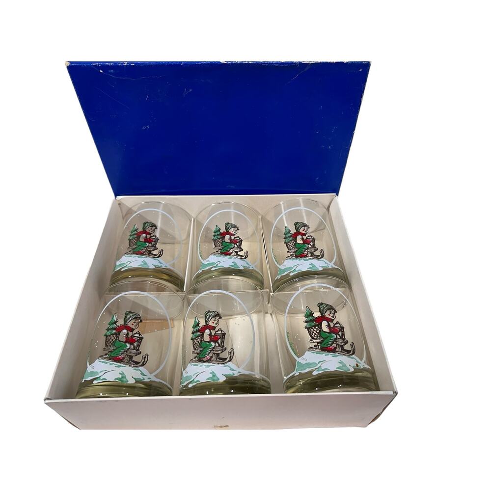 Vtg. Holiday Christmas Glasses 1979 The Dusseau Collection Boy Sledding Set of 6